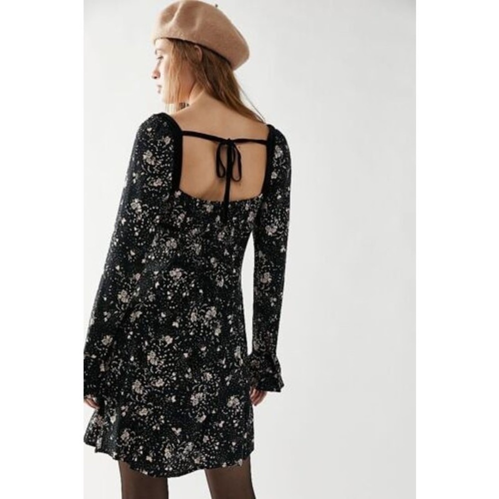 Free People Black Floral Print Long Sleeve Square‎ Neck Mini Dress Size S